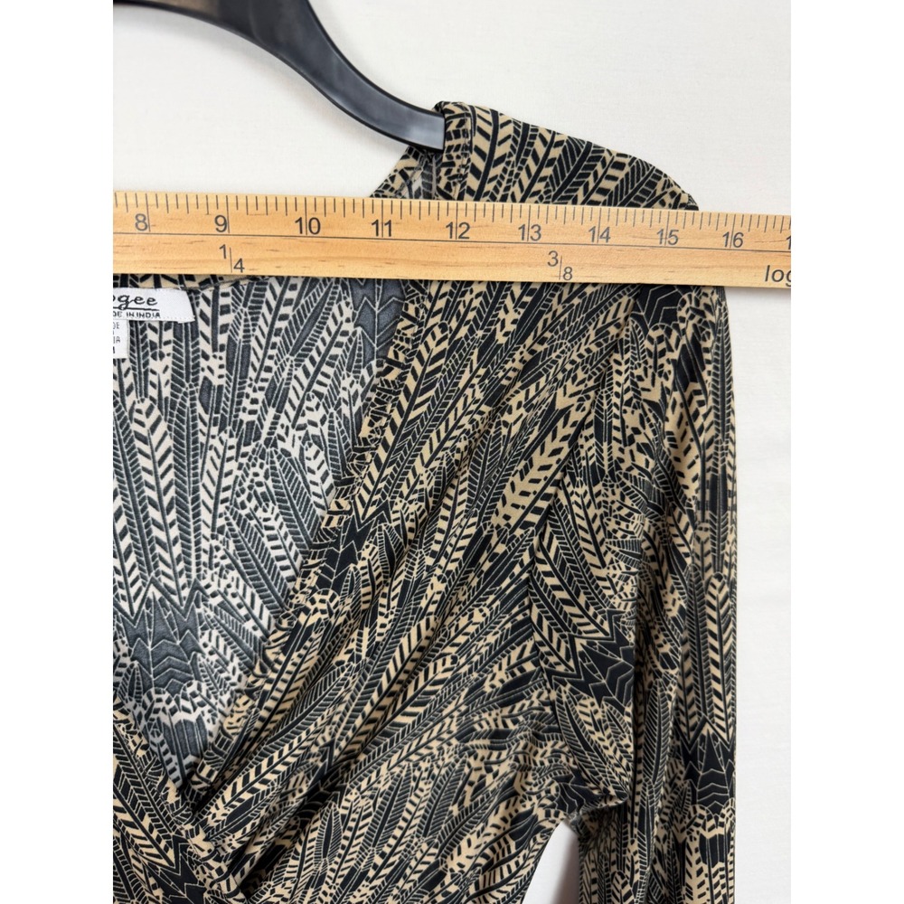 Sapogee Women Dress M Tan Black Geometric Leaf Smocked Waist Ruffle Bell Sleeve - Picture 6 of 14